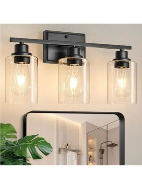 Modern 3-Light Bathroom Vanity Light in Black with Clear Glass Shades